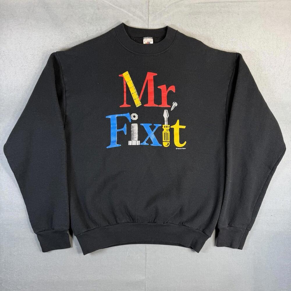 VTG 90s Mr FixIt Sweatshirt Mens Large Black Fruit Of The Loom Peacock Papers US